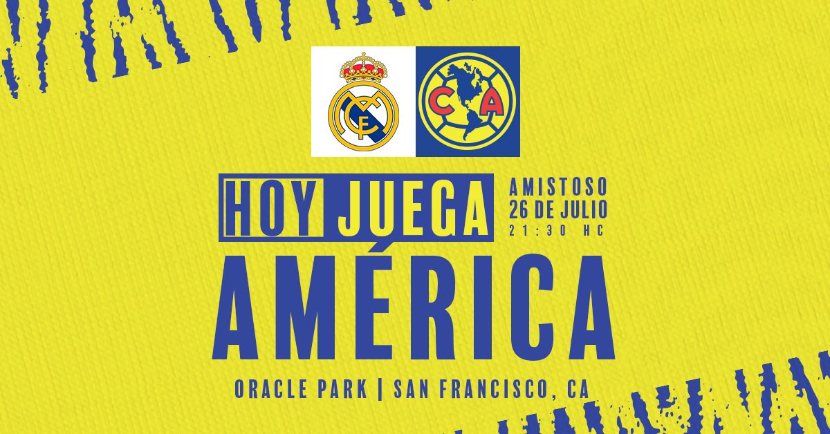 ClubAmerica's tweet photo. #HoyJuegaElAme 🦅

América vs Real Madrid @realmadrid 
🇺🇸 |  San Francisco
🕕 |  21:30 hrs
🏟️ |  Oracle Park https://t.co/o58jZwEE9S