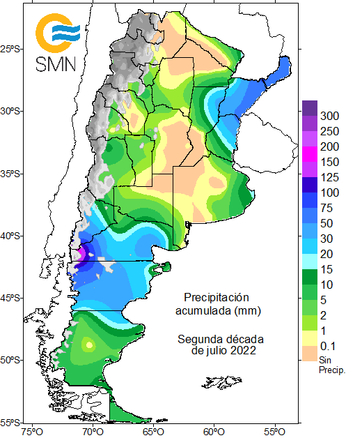 SMN_Argentina's tweet photo. #METEODATO| Durante la segunda década (10 días) de julio se registraron abundantes🌧️precipitaciones en #Patagonia, con acumulados que superaron los 100mm en el oeste de R.Negro y Chubut.
📊Los valores estuvieron hasta 50 y 100mm por encima de lo normal para la época en la zona. https://t.co/hj9wKJu74w