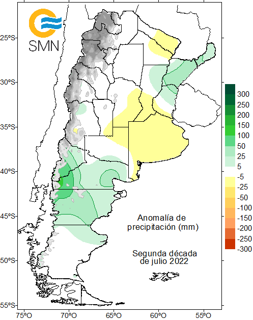 SMN_Argentina's tweet photo. #METEODATO| Durante la segunda década (10 días) de julio se registraron abundantes🌧️precipitaciones en #Patagonia, con acumulados que superaron los 100mm en el oeste de R.Negro y Chubut.
📊Los valores estuvieron hasta 50 y 100mm por encima de lo normal para la época en la zona. https://t.co/hj9wKJu74w