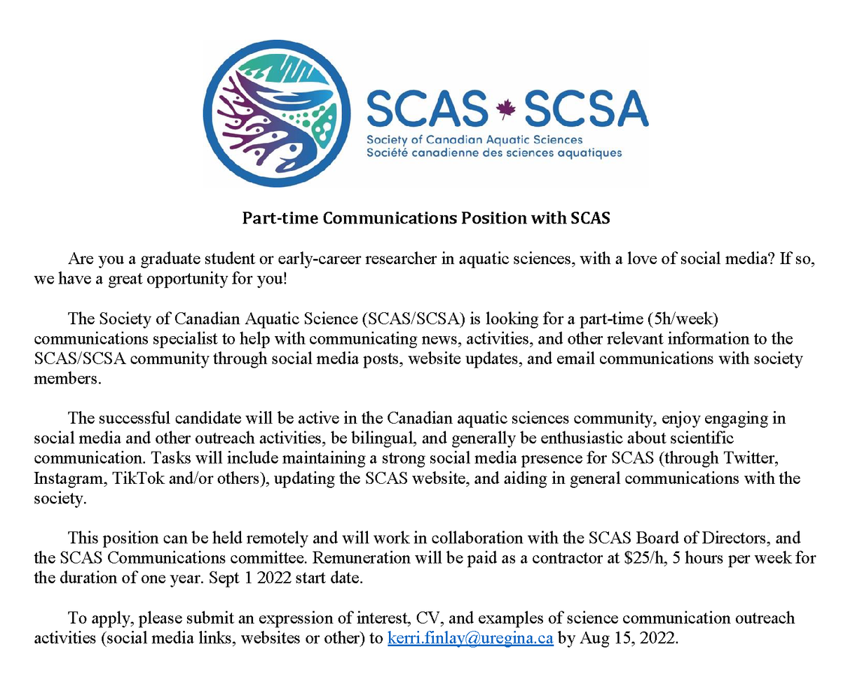 JOB: Are you a grad student or ECR in aquatic sciences, w/ #SciComm chops? Please consider applying to our P/T Communications Specialist position (details below). Submit to kerri.finlay [at] uregina.ca by Aug 15, 2022.