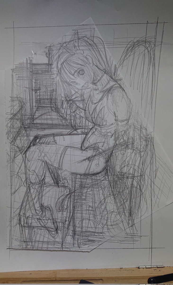 ラフと下書き。
無邪気な感じも良かったけど、クールでやってみたくなった。
いつもは下書きを清書し直すが、あんまりうまく行かなかったのでそのままペン入れ。清書するつもりでゴリゴリ描いてたから消ゴムする時、鉛筆の跡がえらかった…。次は清書しようと思いました。 