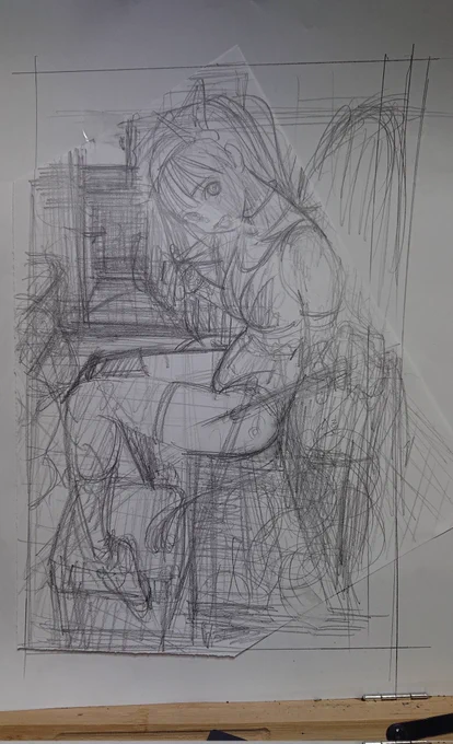 ラフと下書き。
無邪気な感じも良かったけど、クールでやってみたくなった。
いつもは下書きを清書し直すが、あんまりうまく行かなかったのでそのままペン入れ。清書するつもりでゴリゴリ描いてたから消ゴムする時、鉛筆の跡がえらかった…。次は清書しようと思いました。 
