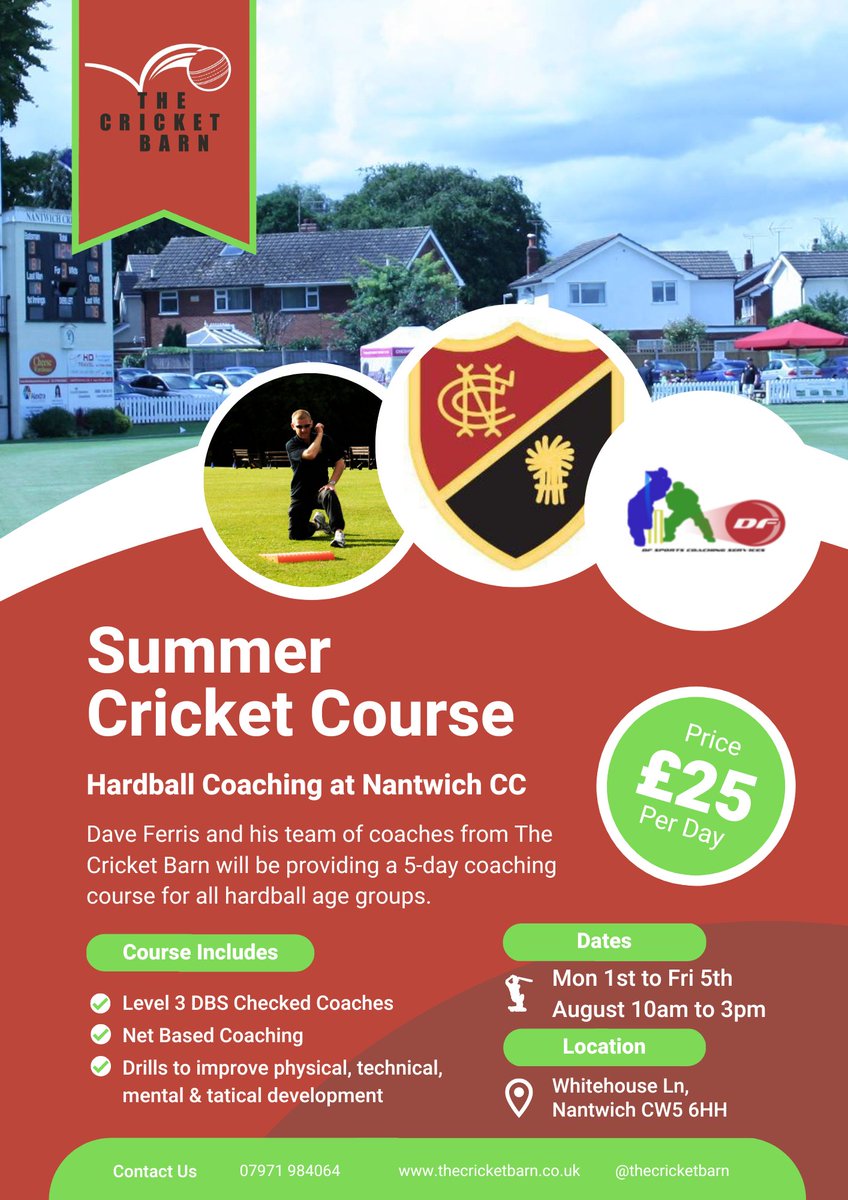thecricketbarn's tweet image. We're excited to announce our cricket coaching course at @NantwichCC in the week commencing Monday 1st August to Friday 5th August 2022, 10am to 3pm.

If you want to book or have any questions, call David Ferris on 07971 984064.

Details Below...(1/4)