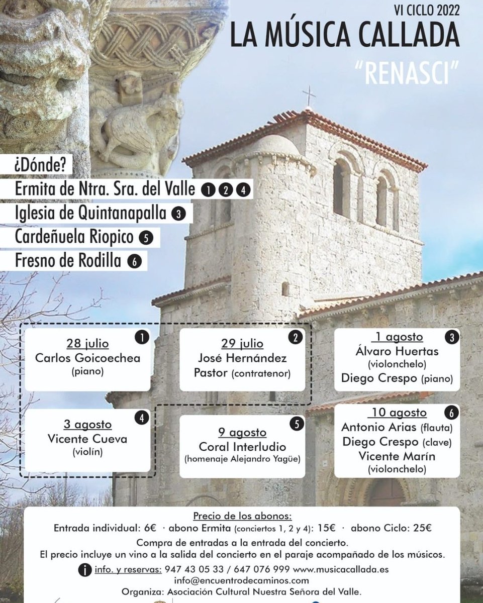 BurgosTur's tweet photo. 🎶 Este jueves 28 comienza el ciclo "La Música Callada" en @info_caminos
✔️ Toda la información de reservas en la fotografía
🔗 En la web https://t.co/YXirLFdfgH puedes informarte de los conciertos, intérpretes y ubicaciones
#MúsicaCallada #NecesitasBurgos #Música #Renasci https://t.co/0zu6gAW1fy