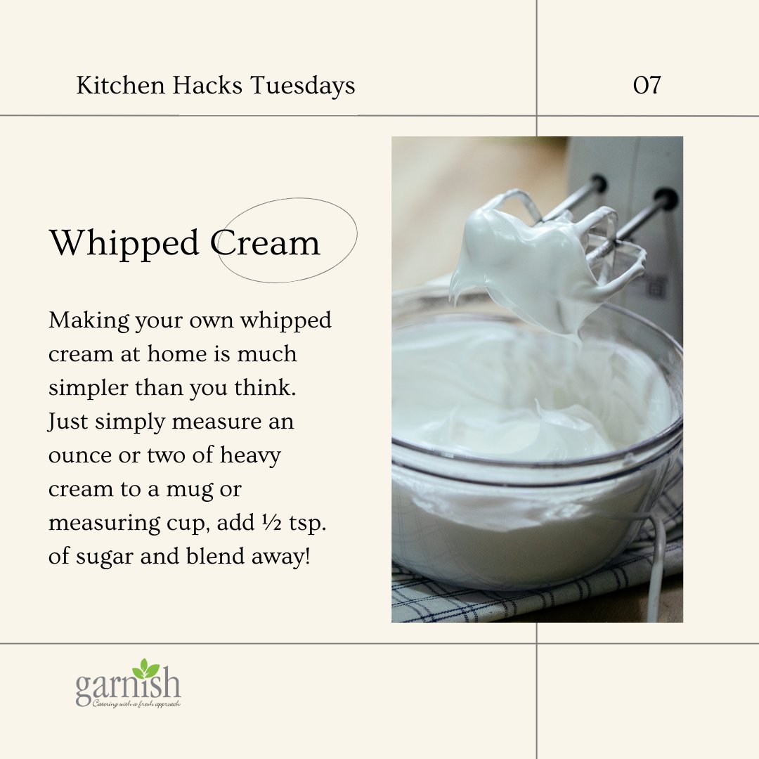 Don’t buy whipped cream from the store, instead opt to make your very own using just two ingredients.

#garnishcatering #catering #smallbusinesses #foodie #nyc #whippedcream #kitchenhacks #cookingmadesimple #coffee #frenchtoast #caramel #cheesecake #baking #cookies #pie #dessert