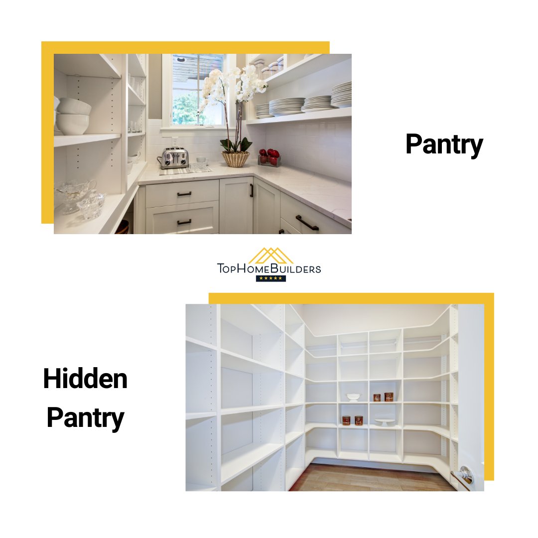 Which one do you prefer, a pantry or a hidden pantry?  Both of them are convenient, functional, and seamlessly integrate into the kitchen.  🍽️

#tophomebuilders #kitchen #pantry #hiddenpantry #thisorthat #customhomes #newconstruction #kitchendesign #kitcheninspo #dreamkitchen