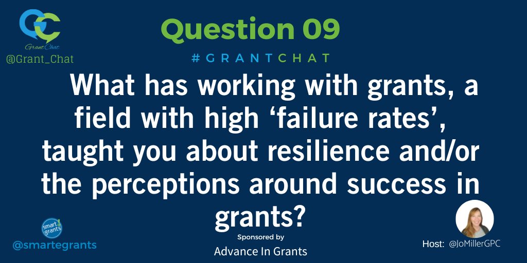 Grant_Chat's tweet photo. Q9: What has working with grants, a field with high ‘failure rates’, taught you about resilience and/or the perceptions around success in grants? #GrantChat https://t.co/MaBOzySx2D