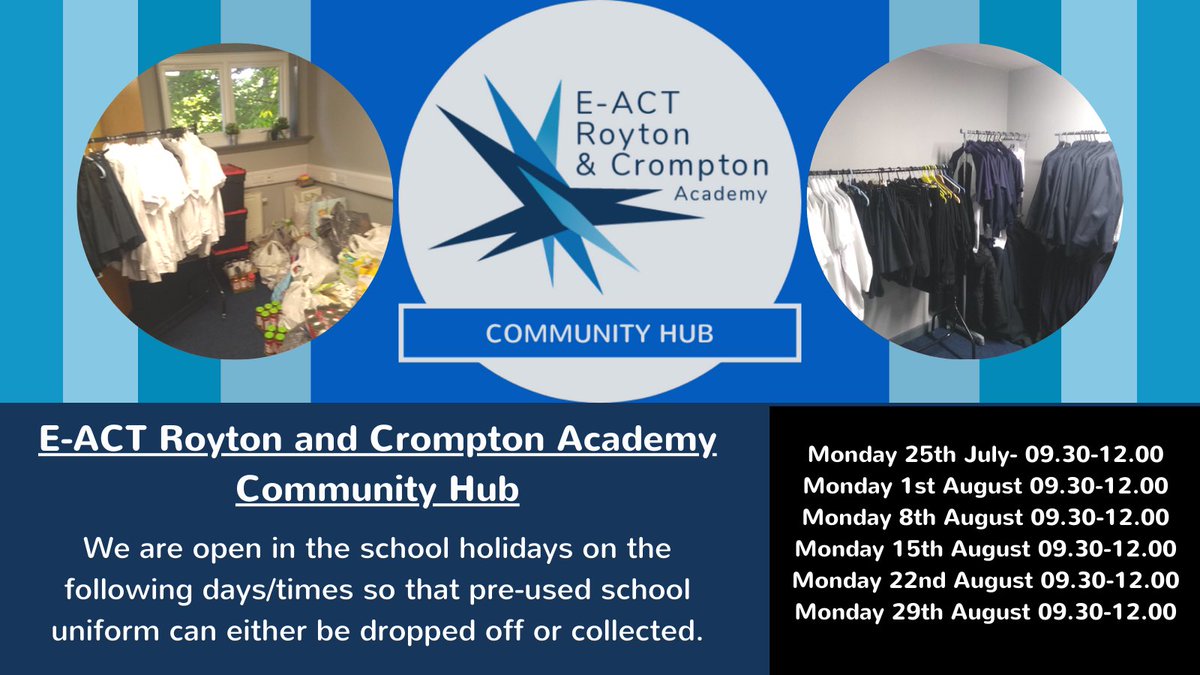 ERACAcomhub's tweet photo. We are open on the dates/times below so that you can drop off your old uniform for someone who is in need. We also welcome anybody who needs uniform for September to come and join us. https://t.co/lHNp2I6B0P