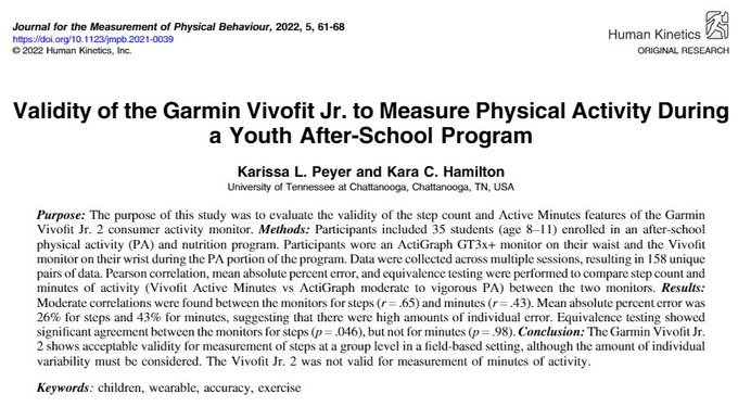 Check out the latest research from <a href="/JMPBjournal/">Journal for the Measurement of Physical Behaviour</a>! Validity of the Garmin Vivofit Jr. to Measure Physical Activity During a Youth After-School Program. journals.humankinetics.com/view/journals/…