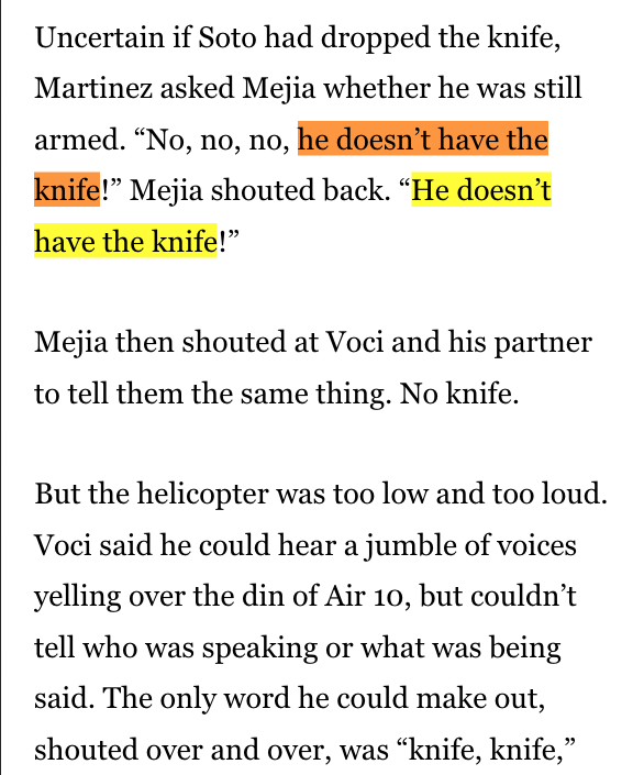 An LAPD helicopter was flying too low and was extremely noisy while LAPD officers were handling a call about a "man with a knife."

One officer yelled "he doesn't have the knife!" but the helicopter was too low and too loud. All he could hear was "knife" and then opened fire.