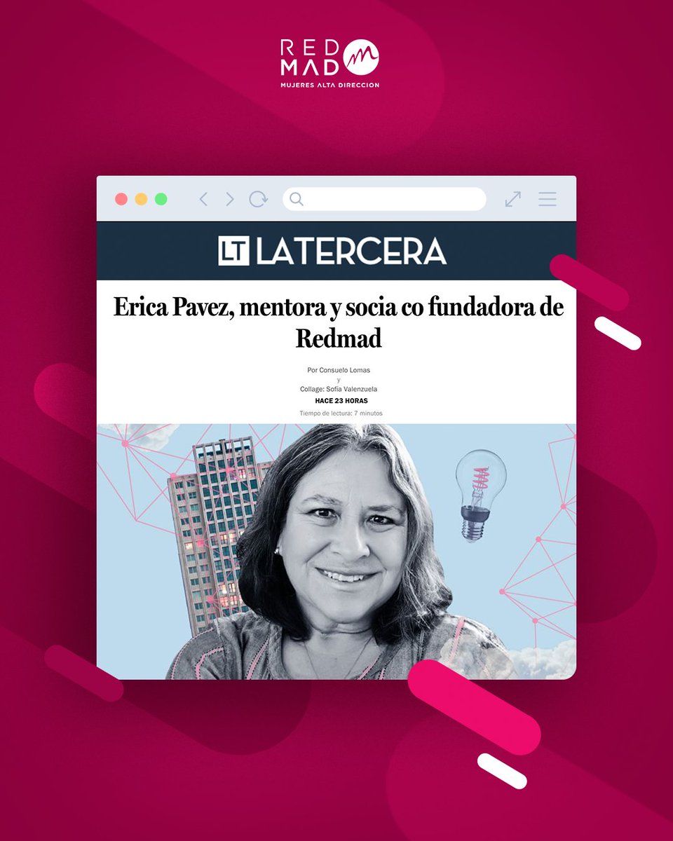 redmad_chile's tweet photo. Las invitamos a leer esta entrevista a Erica Pavez, mentora y socia cofundadora de #REDMAD, en @latercera, donde profundiza en el valor de las mentorías para las mujeres.
➡️Lee la nota en: https://t.co/feZFprokRP
#MujeresEnAltaDirección #Mujeresendirectorios #Mentorías #Liderazgo https://t.co/RFHDfTk5Sa