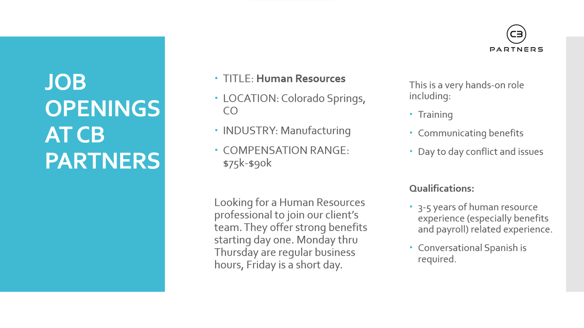 CBPartnersLLC1's tweet photo. Looking for a Human Resources #professional. Benefits start day one! This is an amazing #opportunity to join a great team. For more information on this position and more email Shannon at shannon.martini@cbpsearch.com https://t.co/Dbv0Cnxzu2