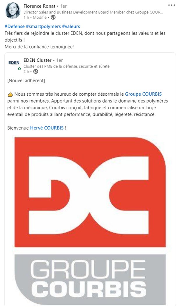 GroupeCOURBIS's tweet image. Le Groupe Courbis fait désormais parti du Cluster EDEN, réunissant les PME de la Défense, Sécurité et Sûreté! 
#defense #securite #smartpolymers