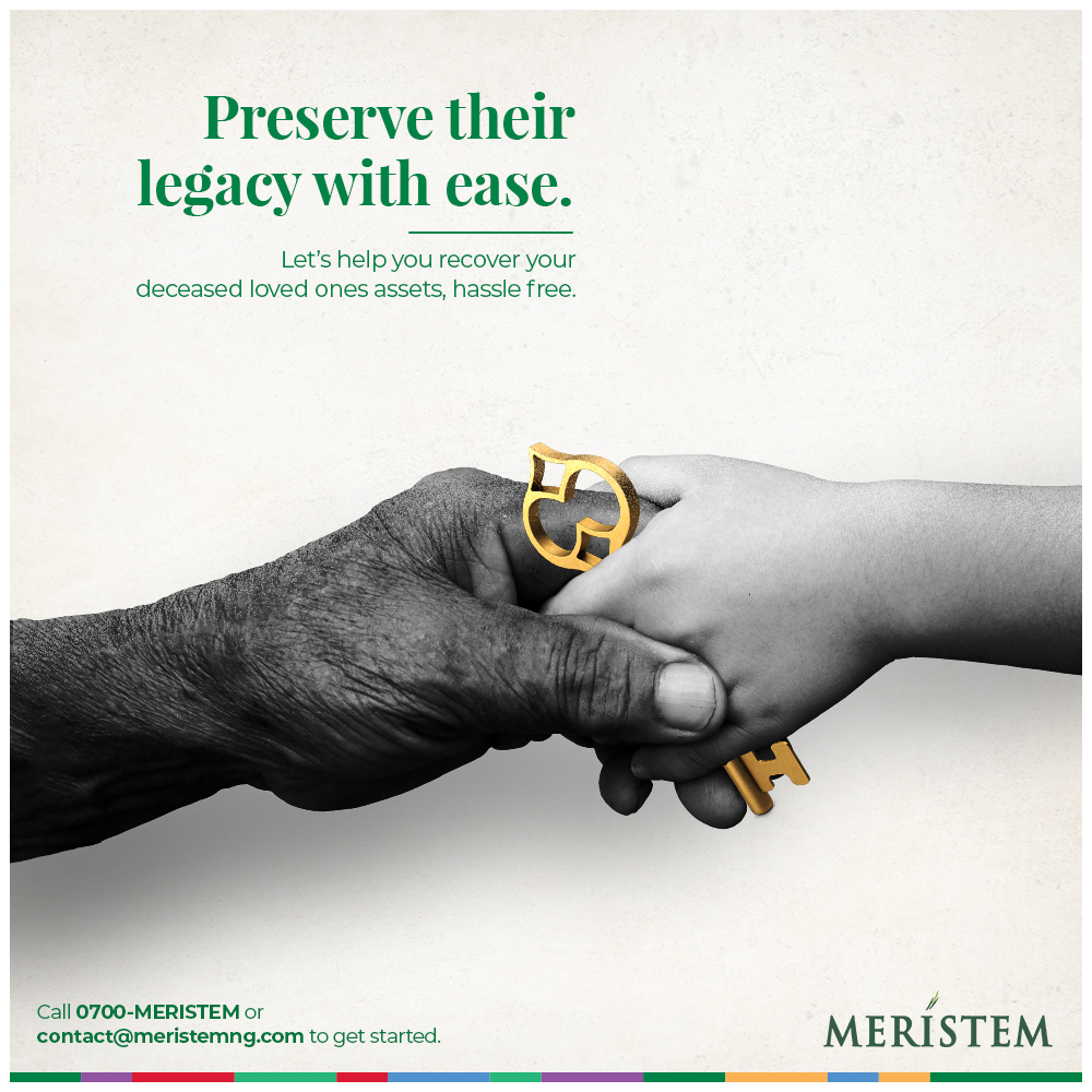 MeristemNigeria's tweet image. There is no need to go through so much trouble to preserve the legacy of your deceased loved ones. We will help you retrieve their assets with ease

Send a mail to us at contact@meristemng.com or call 0700-MERISTEM today

#meristemng #probateservice