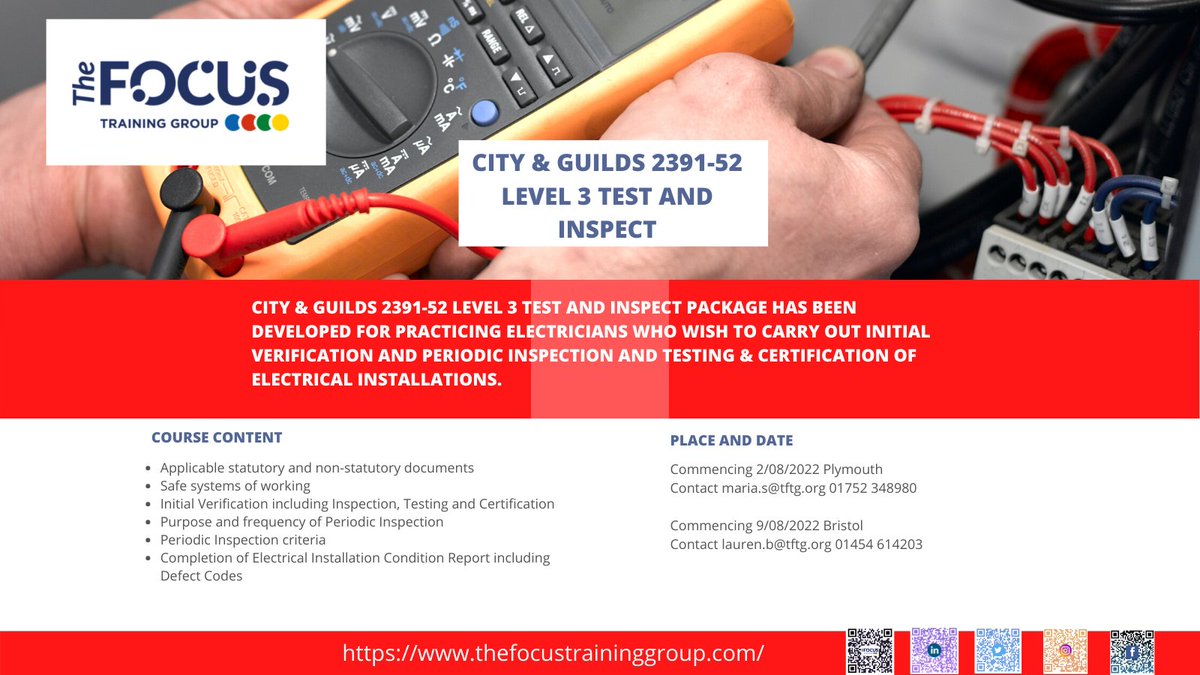 focustrainingsw's tweet photo. There are spaces left on the 2391-52 Test &amp; Inspect Course
Commencing 2/08/2022 Plymouth
Contact maria.s@tftg.org 01752 348980
Commencing 9/08/2022 Bristol
Contact lauren.b@tftg.org 01454 614203
#electricians #electrical #testandinspect #cityandguilds #courses #plymouth #bristol https://t.co/CKEaTCLU4U