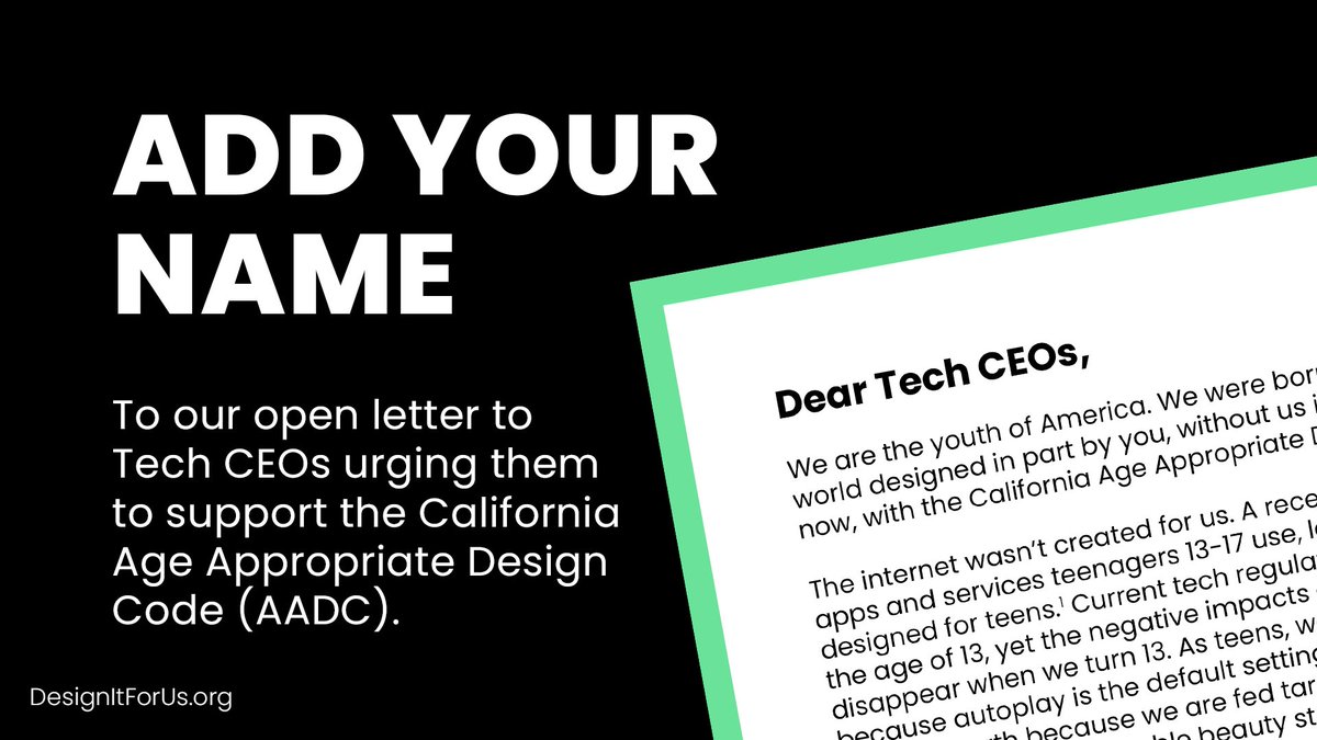 technicallypoli's tweet image. Digital platforms should be designed to support — not exploit — the health and safety of young people. Add your name to @logoffmovement and @technicallypoli’s open letter to Tech CEOs and urge them to #DesignItForUs: designitforus.org