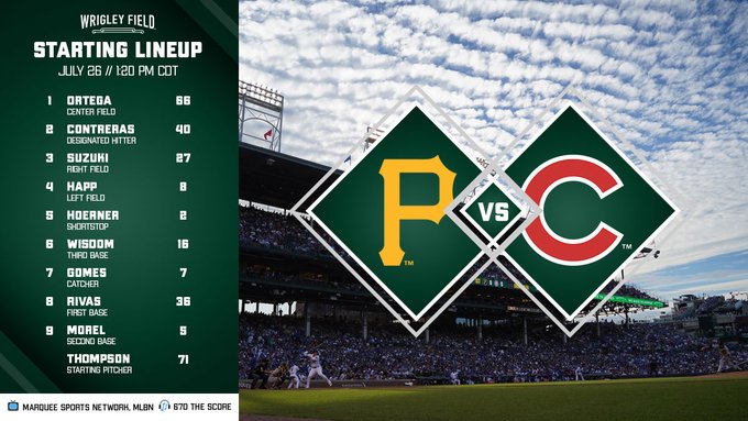 Cubs vs. Pirates, 1:20 p.m. CDT on Marquee Sports Network, MLB Network (out of market only), and 670 The Score. Ortega leads off in center field, Contreras the DH, Suzuki in right field, Happ in left field, batting 4th. Hoerner at shortstop, Wisdom at third base, Gomes catching, Rivas at first base, Morel at second base, batting 9th. Keegan Thompson makes the start. Have a great day! 