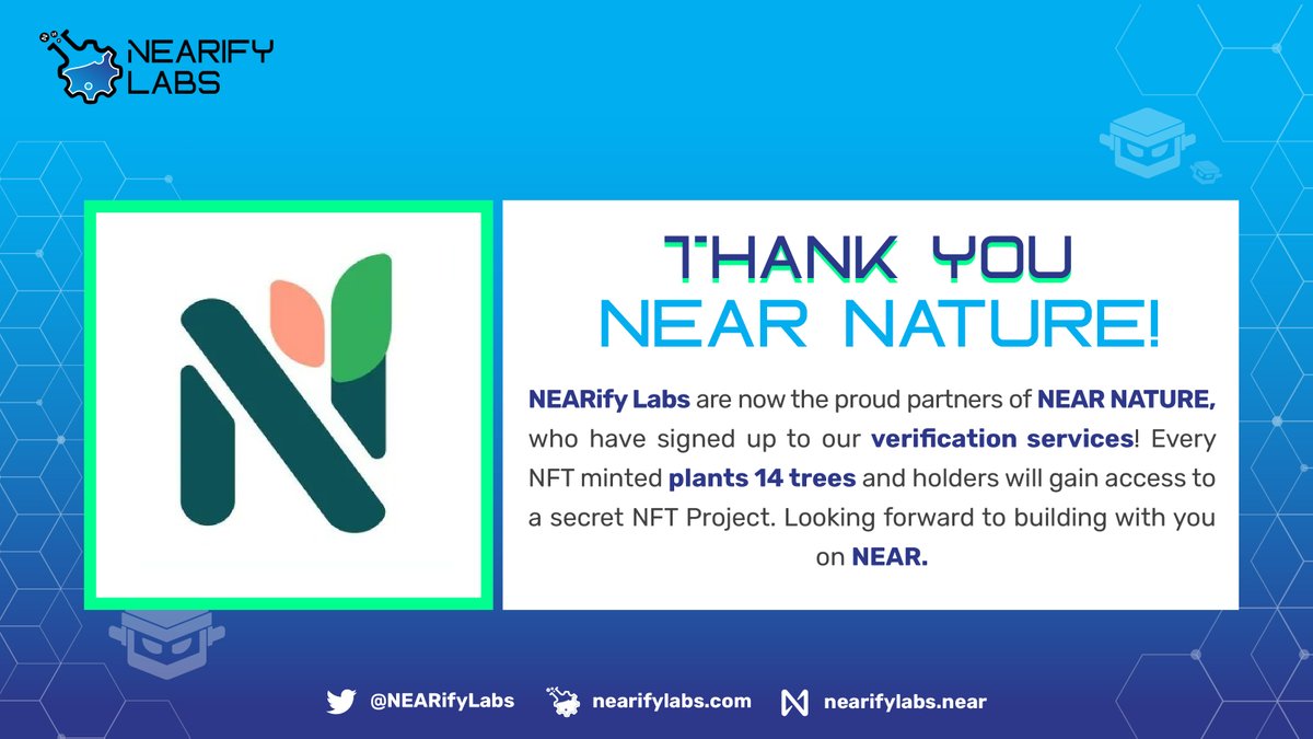 GM #Nearians🧪

One of the eco builders on #NEAR who have partnered with us!

<a href="/near_nature/">NEAR.NATURE NFT MINTING NOW</a> are focused on turning $NEAR into 🌲🌲🌲🌲

Watch out for their next project 👀

<a href="/NEARProtocol/">NEAR Protocol</a> #nearprotocol @ParasHQ