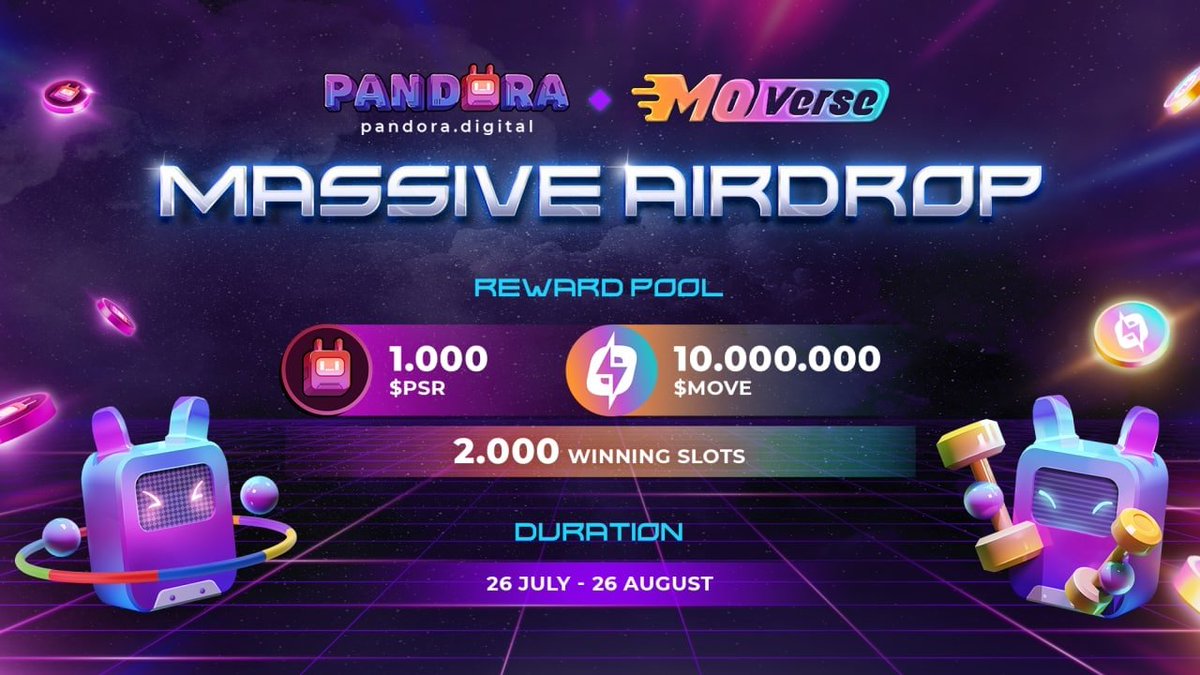 😱To celebrate our partnership with <a href="/moverseann/">Moverse</a>, we'll host a once-in-a-lifetime airdrop with massive rewards for YOU! 

🎁 PRIZE POOL: 10,000,000 $MOVE + 1,000 $PSR 
🏆 2,000 WINNING SLOTS
⏰ 26 Jul - 26 Aug

👉Complete the following tasks: bit.ly/AirdropMoverse