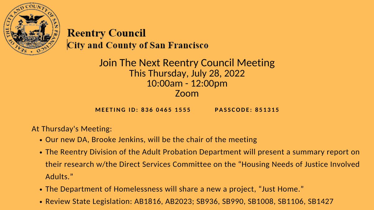 Please Join us for the Reentry Council Meeting this Thursday, 7/28/22 at 10am over Zoom!