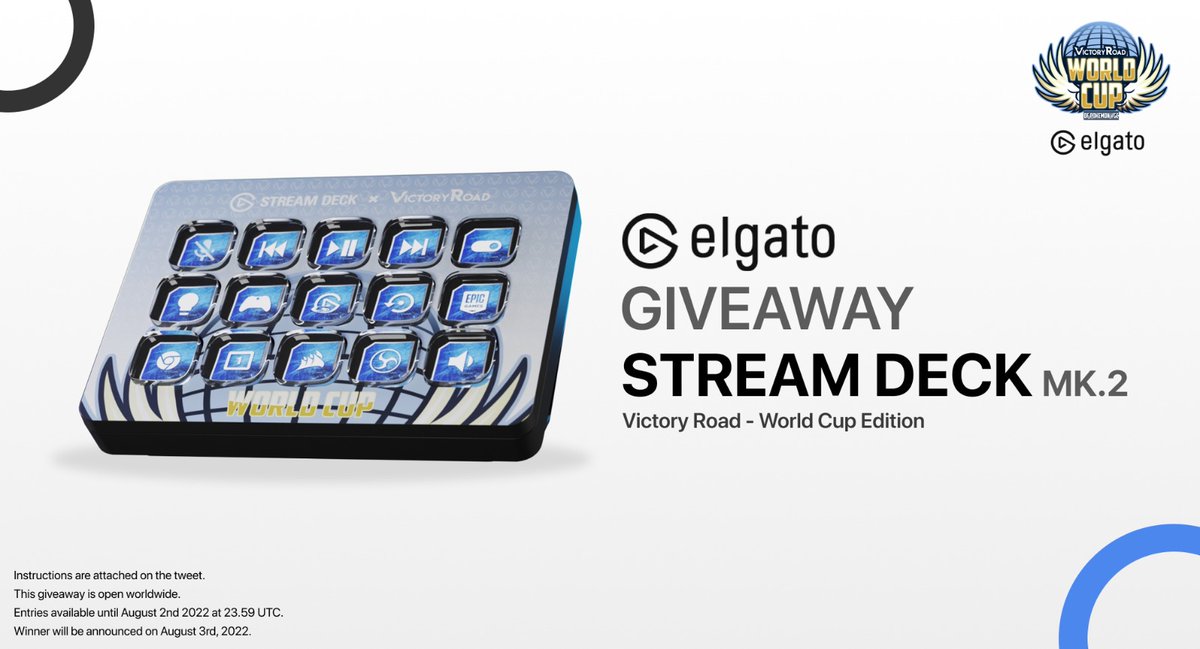 We're giving away this <a href="/elgato/">Elgato</a> Stream Deck MK.2 - World Cup of Pokémon VGC 2022 LIMITED edition! 🎅

Steps:
1️⃣ Follow <a href="/elgato/">Elgato</a> &amp; <a href="/VGCVictoryRoad/">Victory Road VGC</a>
2️⃣ RT this tweet
3️⃣ Reply this tweet tagging 2 friends!

🌎 Open worldwide
📅 Ends Aug 2nd @ 23:59 UTC