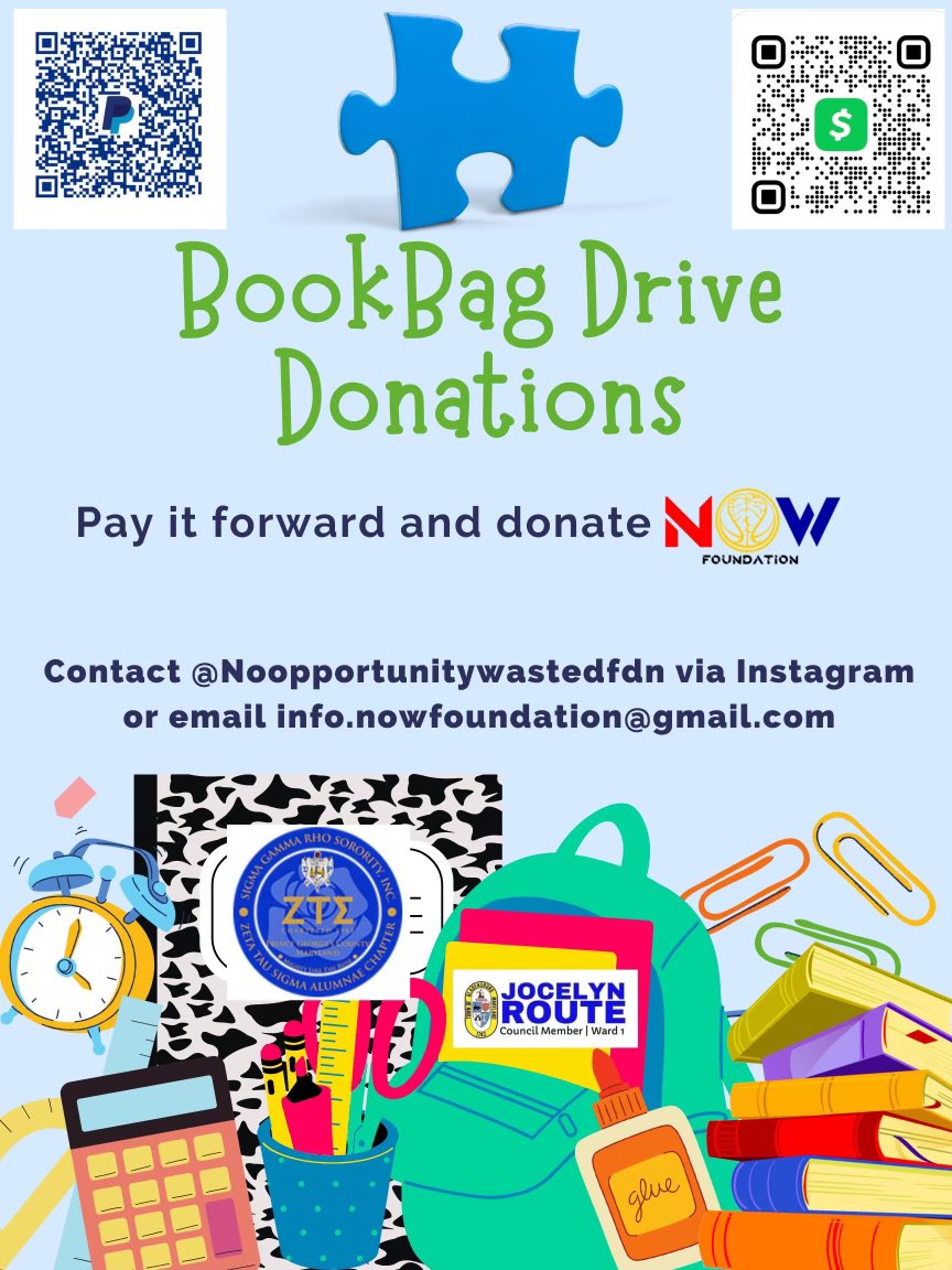 Save the date: Please help us reach our goal as we present our annual back to school book bag and school supplies giveaway.