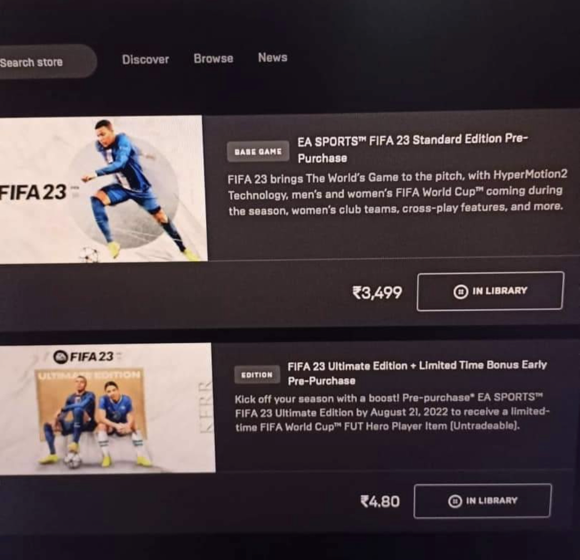 ActuFoot_'s tweet photo. En Inde, une erreur de prix sur l’Epic Games Store a permis à certaines personnes de payer la version Ultimate de #FIFA23 pour 6 centimes. 🤯🎮 https://t.co/FayqWlDSwd