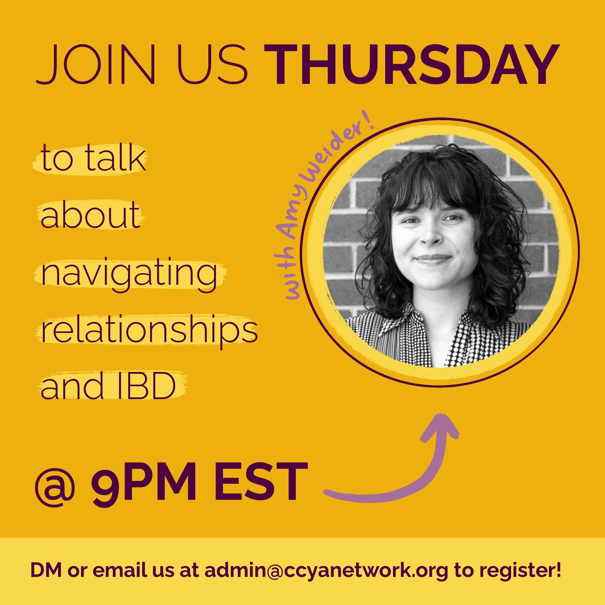 CCYANetwork's tweet photo. Join us this Thursday at 9PM EST for a Virtual Community Meeting! 

This meeting will be about Navigating Relationships and IBD &amp; will be led by our amazing team member Amy Weider!

If you’re interested send us a DM or email us at admin@ccyanetwork.org

 #IBD #DisabilityTwitter https://t.co/2W1dp087KV