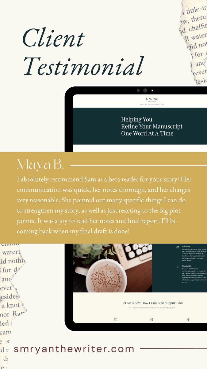 smryanthewriter's tweet image. What authors are saying about working with me as their Professional Beta Reader. 

#freelanceeditor #fictioneditor #professionaleditor #bookeditor #Blackbookeditor #indiepublishing #selfpublishing