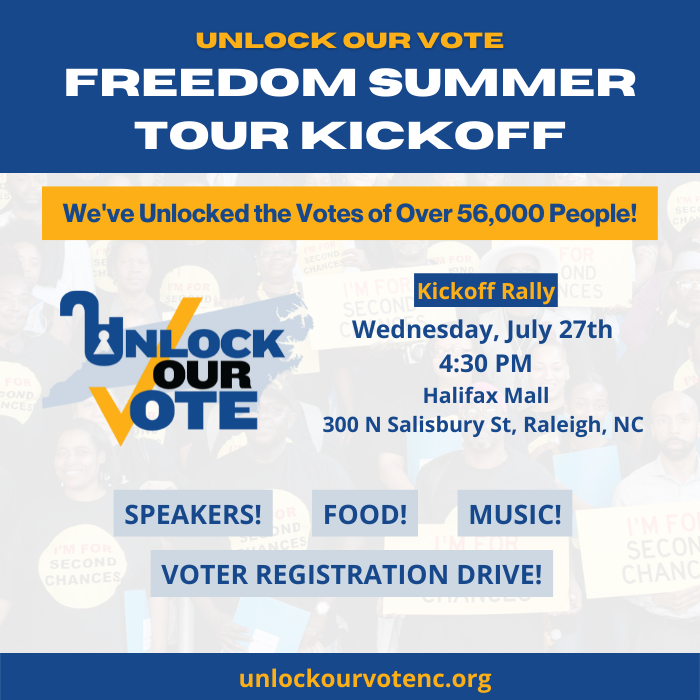 Effective TOMORROW: 56,000+ NC citizens will have their voting rights restored. Come kickoff the #UnlockOurVoteNC Freedom Summer Tour and celebrate with us &amp; our partners: <a href="/ACLU_NC/">ACLU of North Carolina</a> @EmancipateNC <a href="/AdvanceCarolina/">Advance Carolina</a> <a href="/ncjustice/">NC Justice Center</a> <a href="/BRepairers/">Repairers of the Breach</a> <a href="/UniteThePoor/">Poor People's Campaign</a> @youcanvotenc + more!