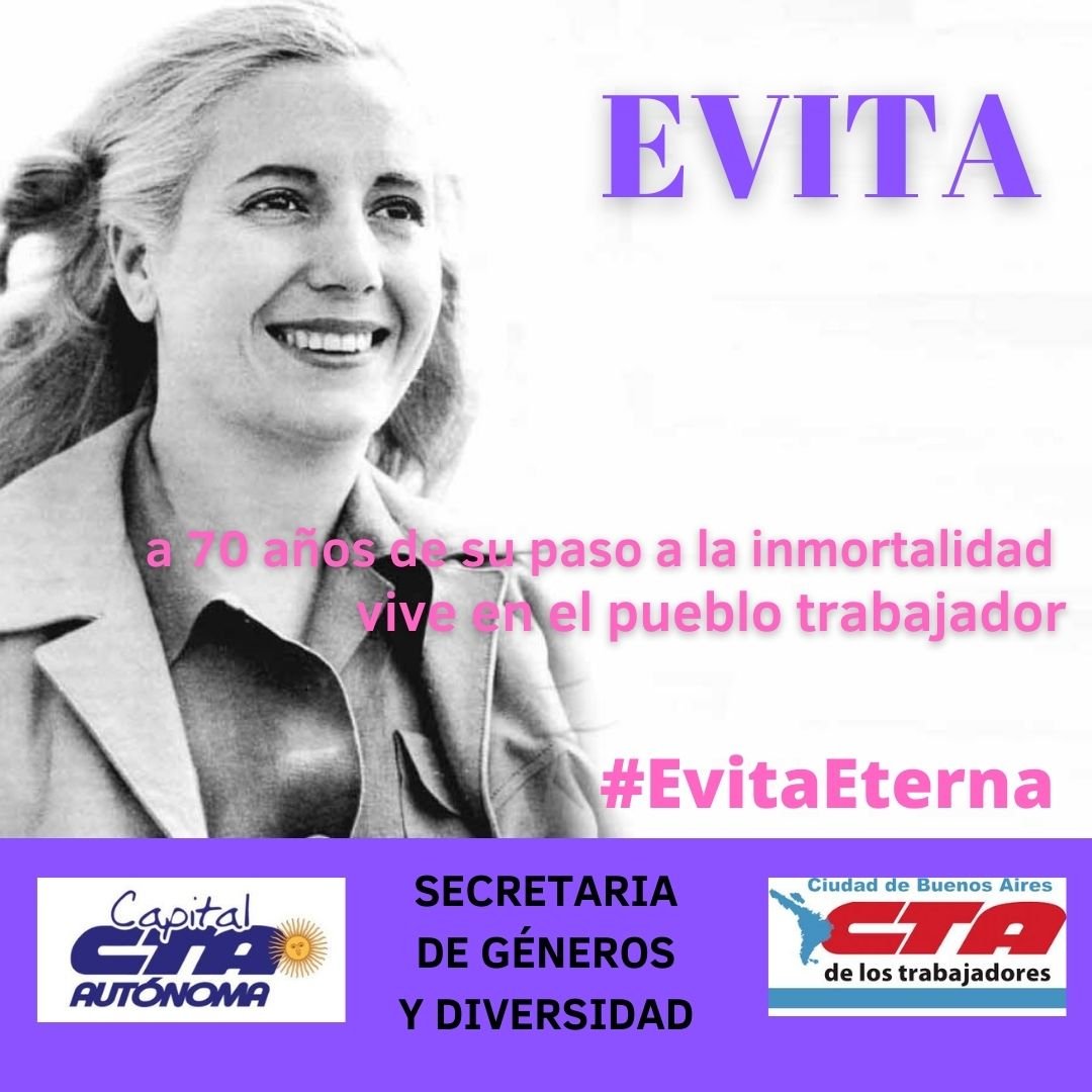 CtaCiudad's tweet photo. #Evita A 70 años de su paso a la inmortalidad, vive en el pueblo trabajador

#EvitaEterna 

Secretará de Géneros y Diversidad - CTA Ciudad

#Evita70Anos #CTACiudad https://t.co/jVfqePXdWG