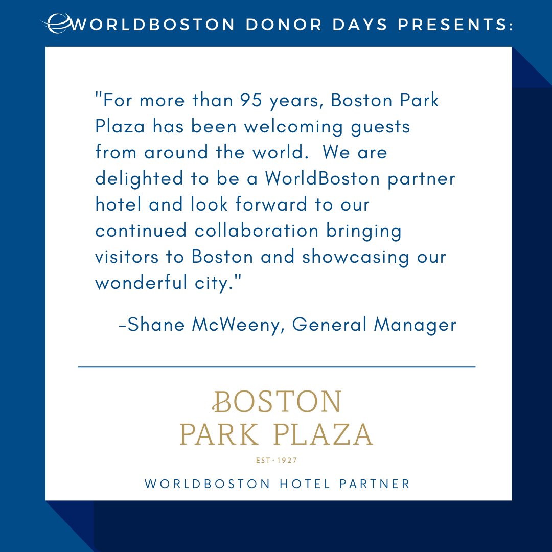 WorldBoston (@worldboston) on Twitter photo The Donor Days series highlights the people and organizations whose contributions help make WorldBoston’s mission possible. Today we feature <a href="/BostonParkPlaza/">Boston Park Plaza</a>, a WorldBoston hotel partner. #WBDonorDays The Donor Days series highlights the people and organizations whose contributions help make WorldBoston’s mission possible. Today we feature <a href="/BostonParkPlaza/">Boston Park Plaza</a>, a WorldBoston hotel partner. #WBDonorDays
