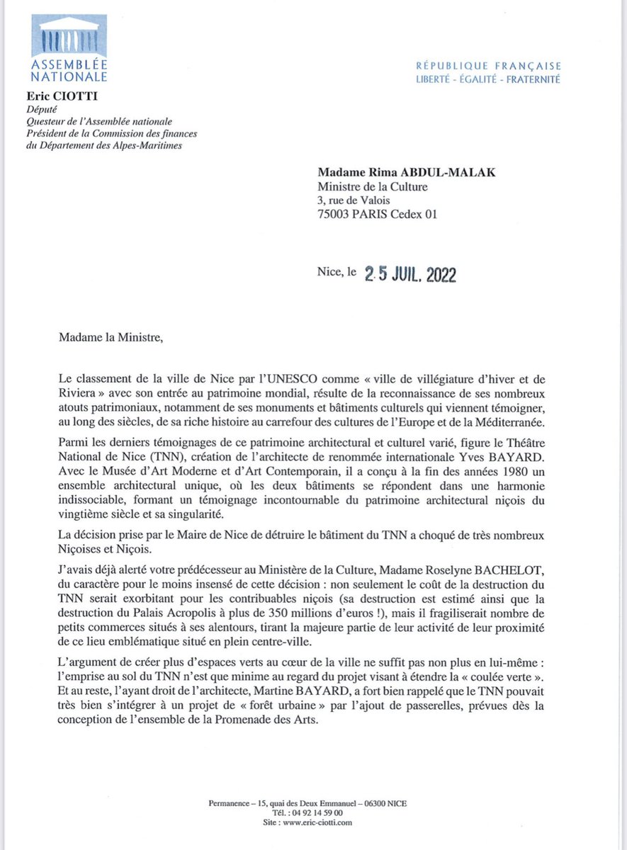 eciotti's tweet photo. J’ai écrit à la nouvelle ministre de la Culture à qui je demande de renoncer à l’autorisation de destruction du théâtre national de #Nice06. 

Une folie budgétaire de 350 millions d’euros, une erreur économique et une faute culturelle ! https://t.co/EPuyqNfwNs