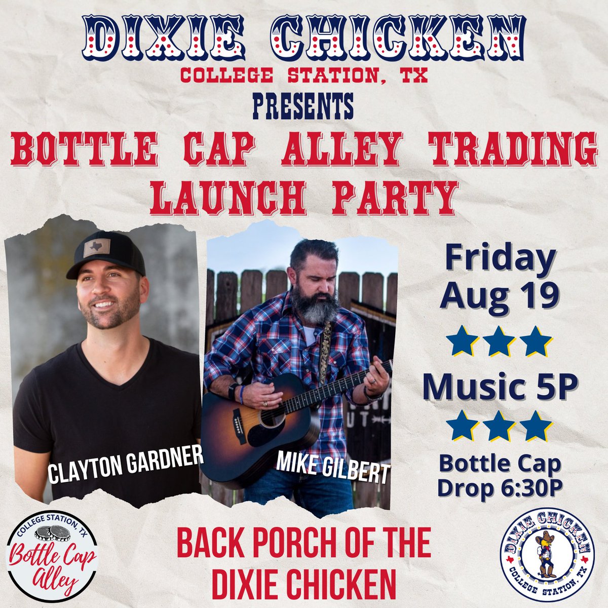thedixiechicken's tweet photo. Ready for a party with @ClaytonGardner and #MikeGilbert at the #DixieChicken?!

Join us as we relaunch our #OnlineStore to @BottleCapAlley_. This is going to give us a chance to go beyond our normal reach and incorporate partners, such as @StudentBonfire!

https://t.co/046nUeU47z https://t.co/zNMcNc4mGD