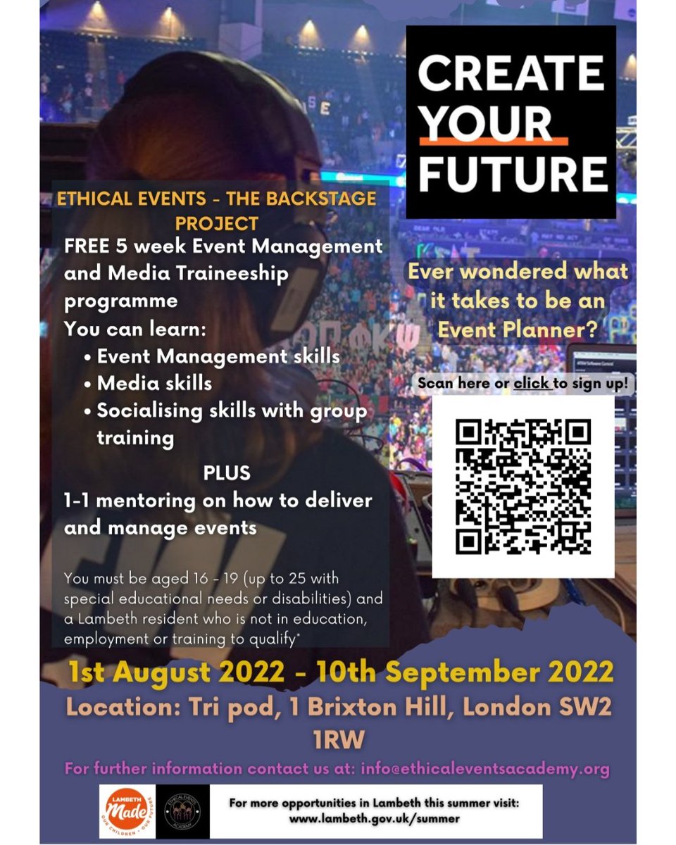 Create Your Future Summer Programme! A range of courses for #Lambeth young people; learn new skills, gain qualifications, meet new people & develop a positive mindset to move forward into employment, training or return to education. Sign up: bit.ly/3cEf2dO @LambethMade