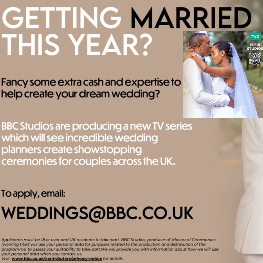 RT <a href="/OfficialCastMe/">Cast Me</a> 
Are you getting married on Sat 29th Oct 2022 or Sat 12th Nov 2022? Looking for ways to make your day extra special? BBC Studios are looking for couples to take part in a new series. 

E: weddings@bbc.co.uk for details

#putaringonit #bridetobe #ido #isaidyes