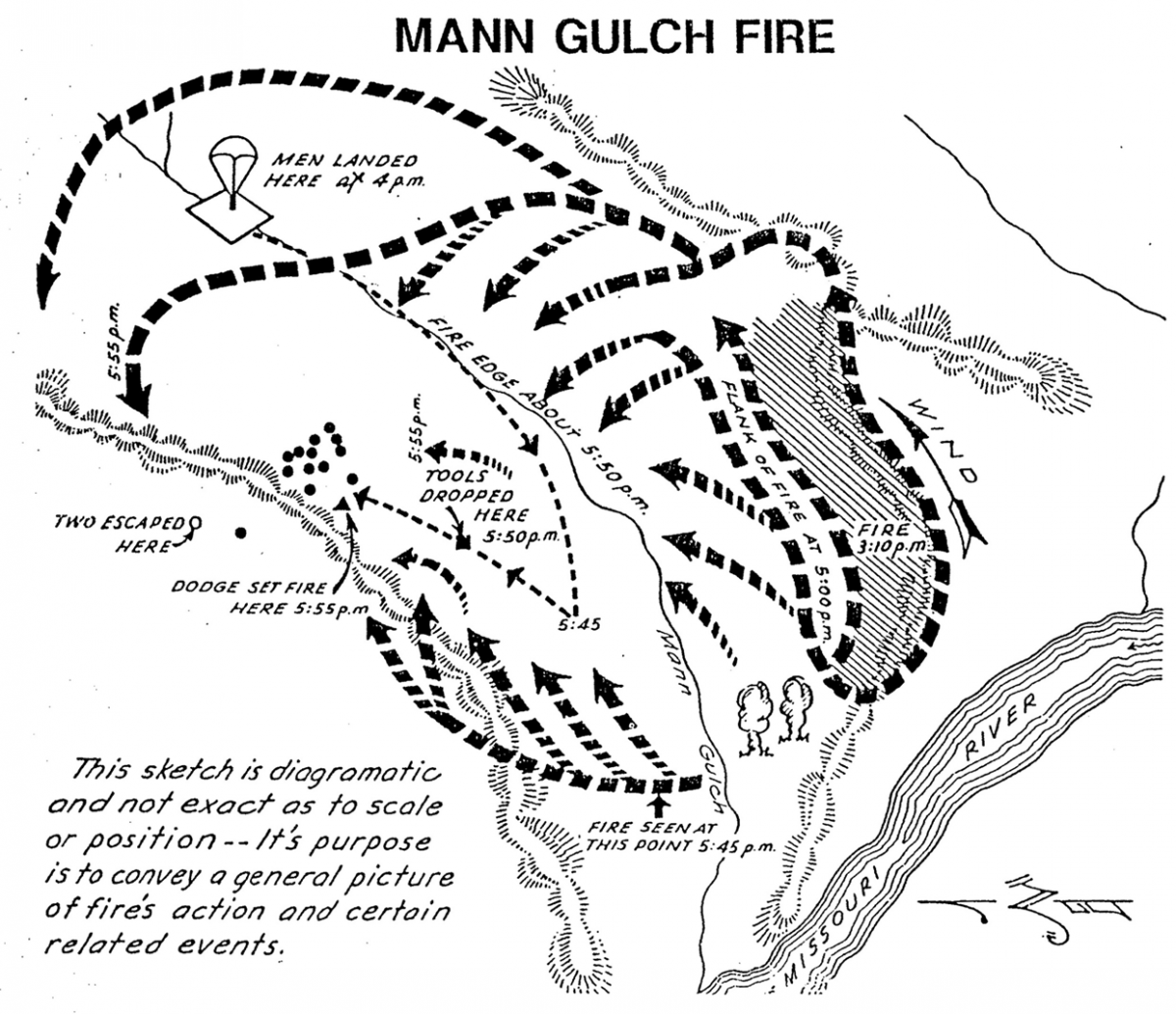 NWCG's tweet photo. On #ThisDayInHistory, 15 Missoula Smokejumpers and one Meriwether Fire Guard were burned over on the Mann Gulch fire in 1949. Only five would survive the blow-up. Two would die from their burns the next day.
#6MFS #NeverForgotten
https://t.co/qb0BbF307C https://t.co/0JCnpKPA5X