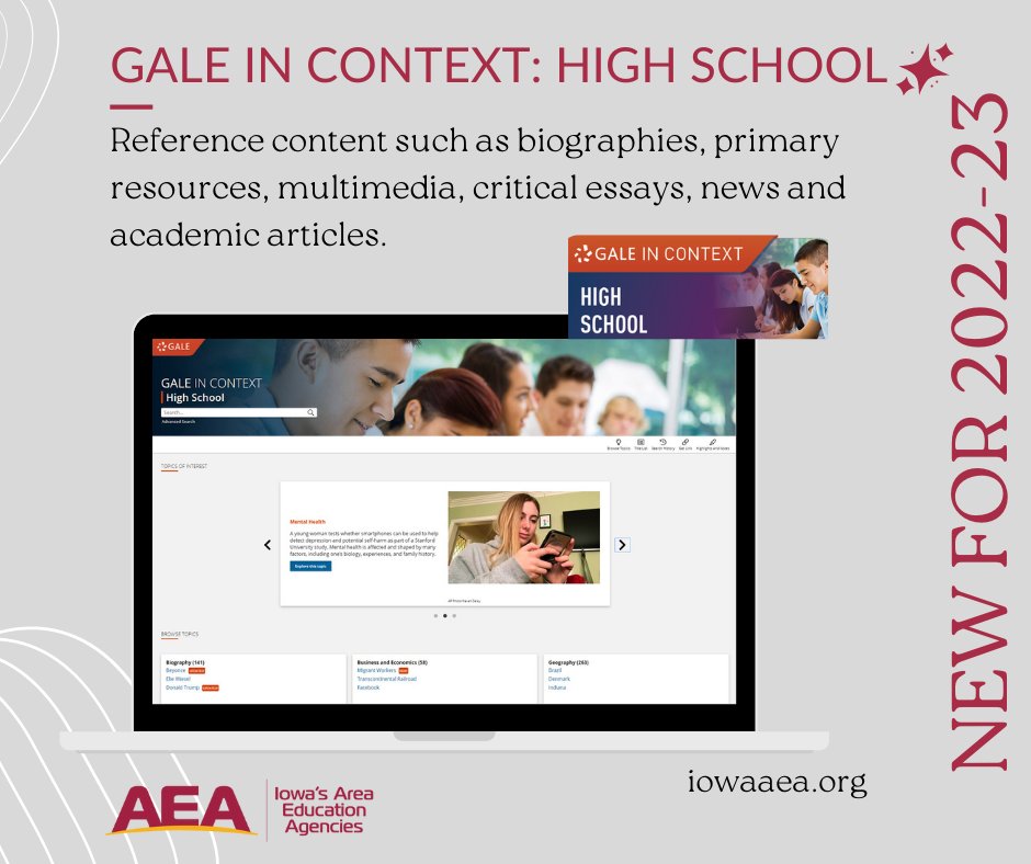 📣 NEW Digital Resource for the 2022-23 school year: GALE IN CONTEXT: HIGH SCHOOL 💻 ow.ly/kCGM50ISLVk #iaedchat #iowaaea #ialegis #galeincontext