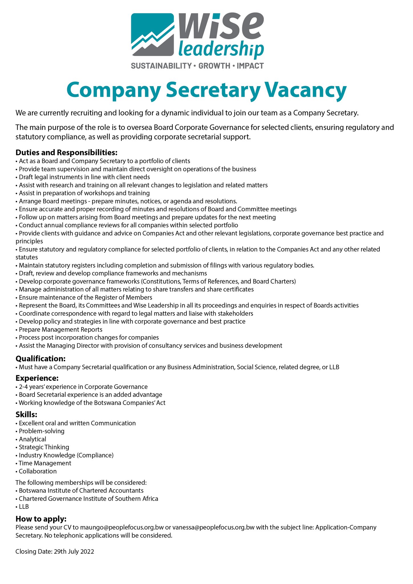 10Yearsofwiseleadership On Twitter: "Wise Leadership Is Looking For A Company Secretary How To Apply: Please Send Your Cv To Maungo@Peoplefocus.org.bw Or Vanessa@Peoplefocus.org.bw With The Subject Line: Application-Compliance Secretary. No Telephonic ...