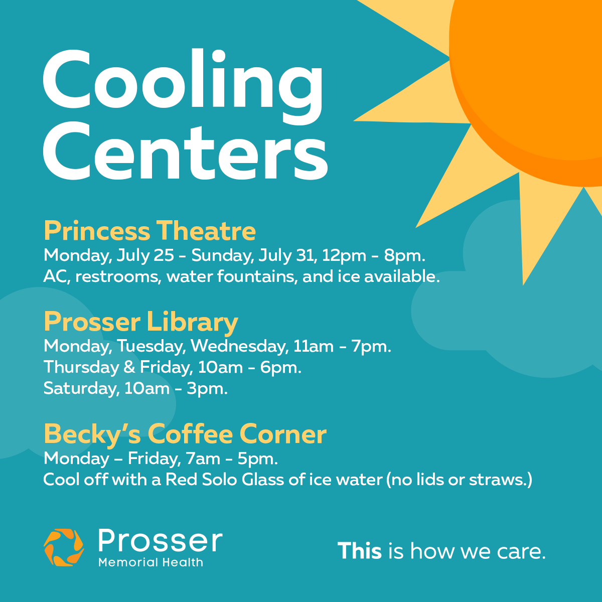 PMHMedicalCente's tweet photo. Excessive heat warnings are in effect this week. Cooling centers are available locally. #coolingcenters #prosserwa #heatsafety #thisishowwecare https://t.co/LQd4Nt1TQ8
