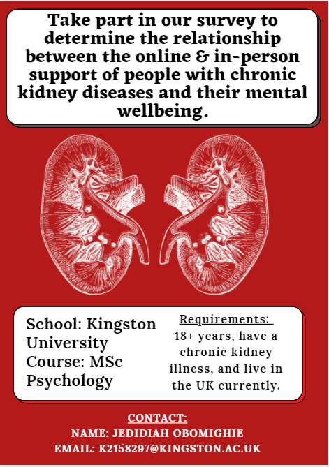 JedidiahNoya's tweet photo. Hello, I am a MSc Psychology student at Kingston University in the UK conducting a survey for my dissertation on chronic kidney illness. Please click on the link below to support:
https://t.co/PYGmnCW5JX
@share_wishes @RPLANNW @kidneycoalition @kidneysforlife @starttheconv121 https://t.co/gTHJUmSKl6