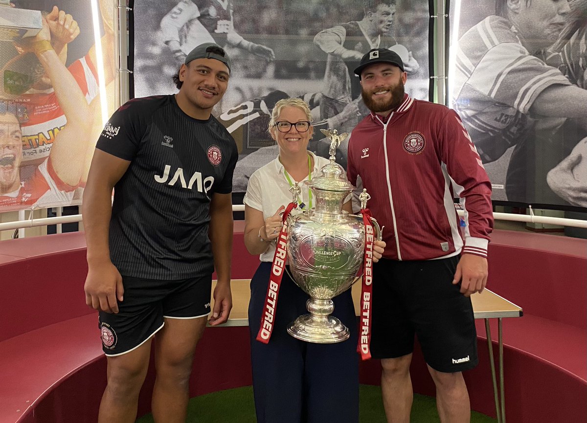 Big thanks to Jake Bibby and Patrick Mago <a href="/WiganWarriorsRL/">Wigan Warriors 🍒⚪️</a> for coming to the museum today and bringing the #challengecup
🏆🏉🙌🏻 #gerrumonside 
<a href="/WiganMuseum/">Wigan Museum</a> 
<a href="/WiganCouncil/">Wigan Council</a>