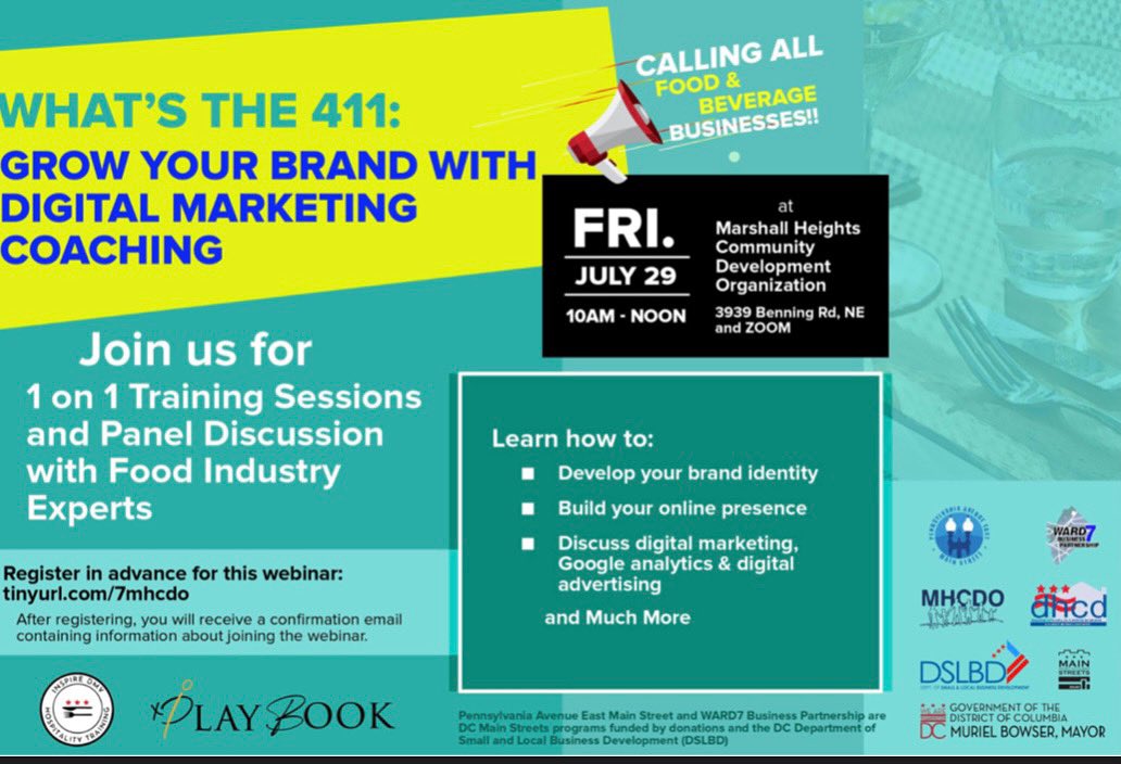 PAEMSDC's tweet image. 🚨Are you a food and beverage business owner? Do you want to learn more about branding and digital marketing? Click the link to register for this webinar! tinyurl.com/7mhcdo

#dcbusinessowner #dcentrepreneur #dcrestaurant #washingtondc #dccommunity