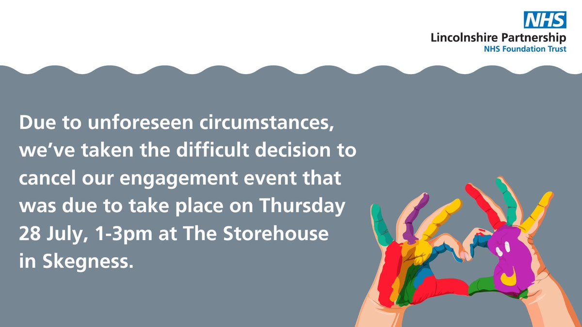 Due to unforeseen circumstances, we’ve taken the difficult decision to cancel our engagement event that was due to take place this Thursday, 1-3pm at The Storehouse in Skegness. We hope that you are able to join us at one of our other events in August - lpft.nhs.uk/CYP-engagement…