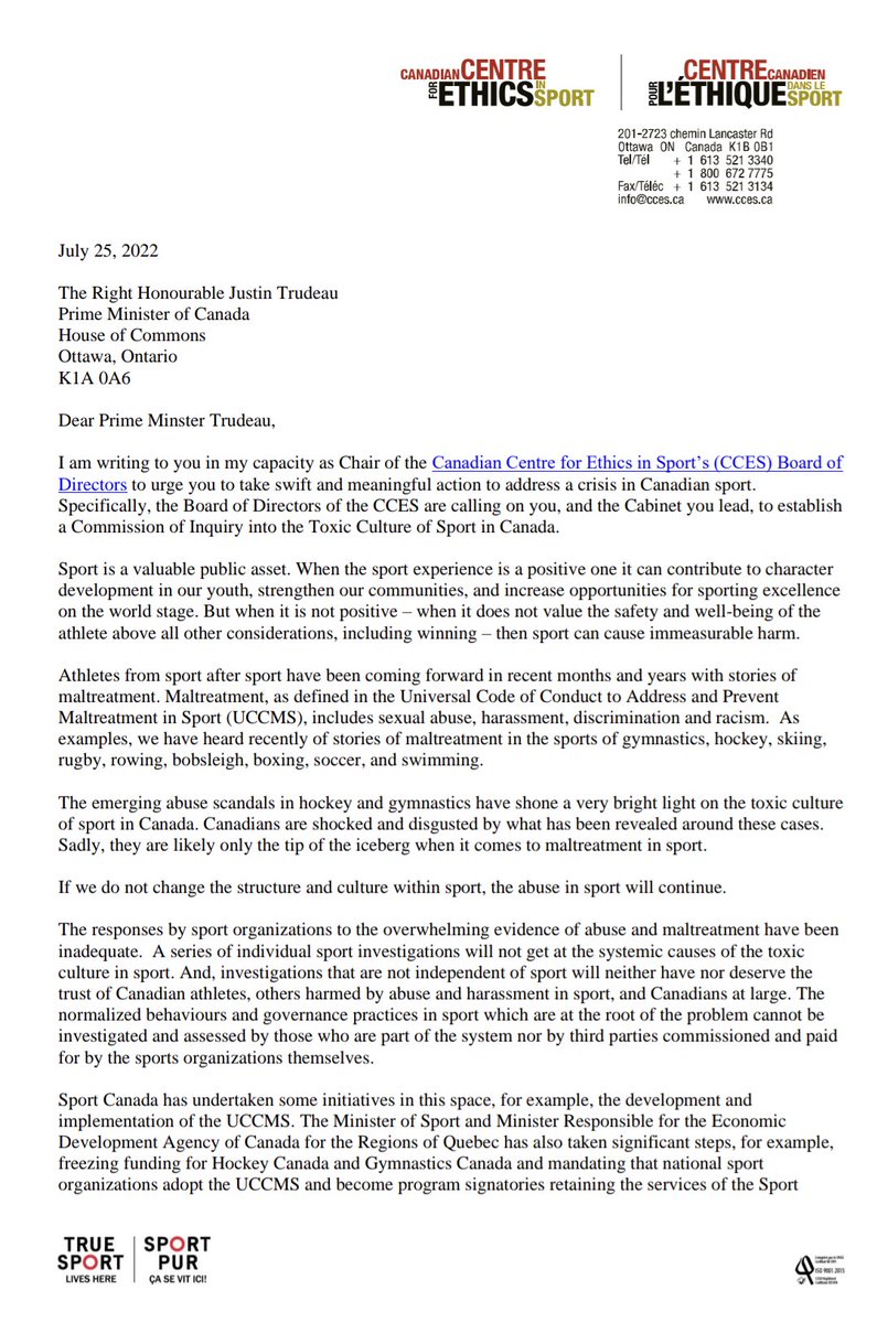 athletes_empwrd's tweet photo. The Board of Directors of the CCES are calling for a Commission of Inquiry into the Toxic Culture of Sport in Canada. 

@EthicsInSPORT
@PascaleStOnge_ 

Below is the letter written to The Right Honourable @JustinTrudeau https://t.co/m1p325orsD
