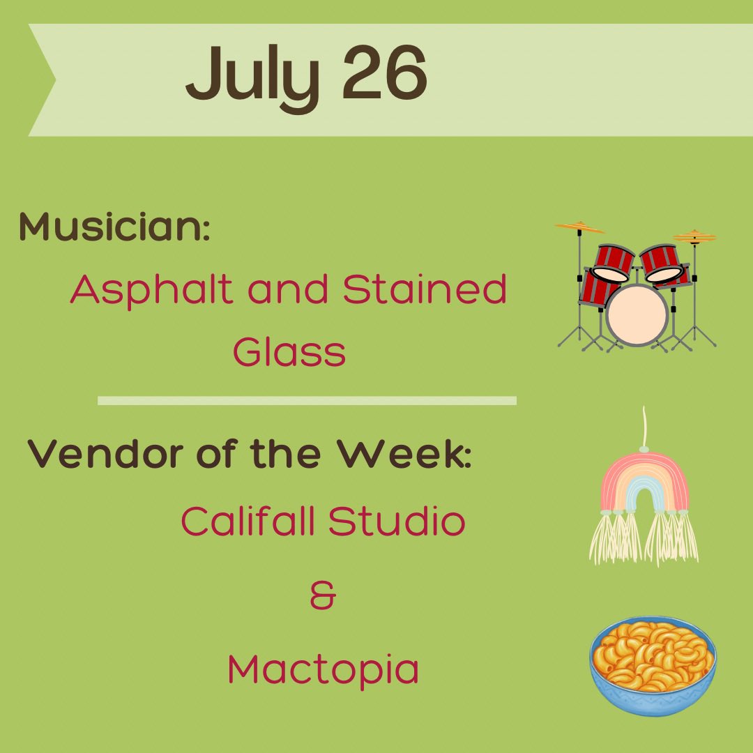Happy Market Day everyone! We will be open at Franklin Junior High from 4-7pm. This week our entertainment will be provided by the band Asphalt and Stained Glass. Additionally, we have two vendors of the week, Califall Studio and Mactopia.