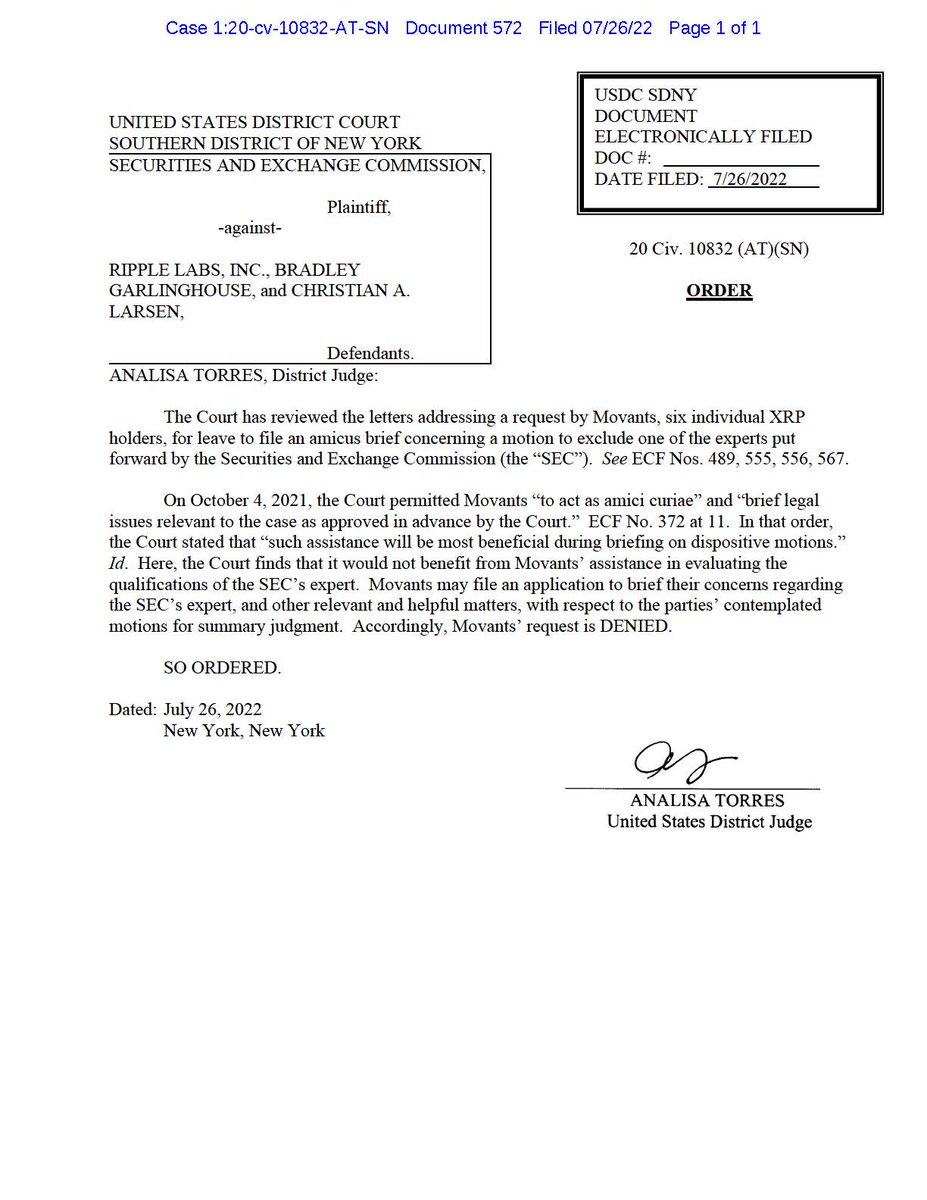 FilanLaw's tweet photo. #XRPCommunity #SECGov v. #Ripple #XRP BREAKING: Judge Torres denies SEC's Motion to Revoke amici status and bar @JohnEDeaton1 from further proceedings. Amici can't participate in expert challenge now but may file application to brief concerns with SEC's expert at summary judgment https://t.co/fGVf6ZvQma