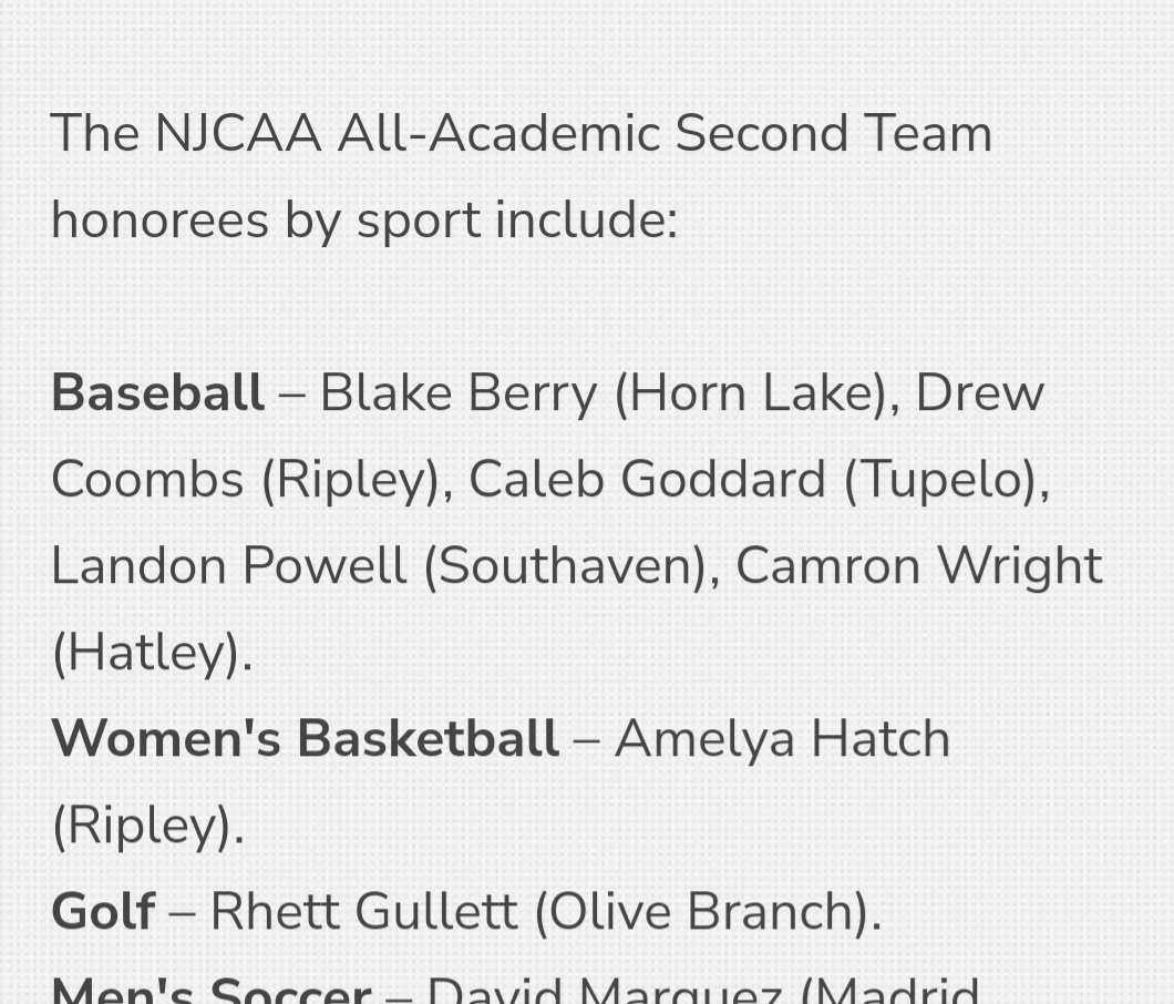 Congrats to former player Rhett Gullett for being named to 2nd team all NJCAA All-America Academic team.  <a href="/TheBurgSports/">LHS Athletics</a> <a href="/R_cagle7/">Rusty Cagle</a> <a href="/tipton_coach/">Coach Tipton</a> <a href="/perkins_kris_/">Kris Perkins</a> <a href="/DCSeNews/">DCS News</a> <a href="/cory_uselton/">Cory Uselton</a>