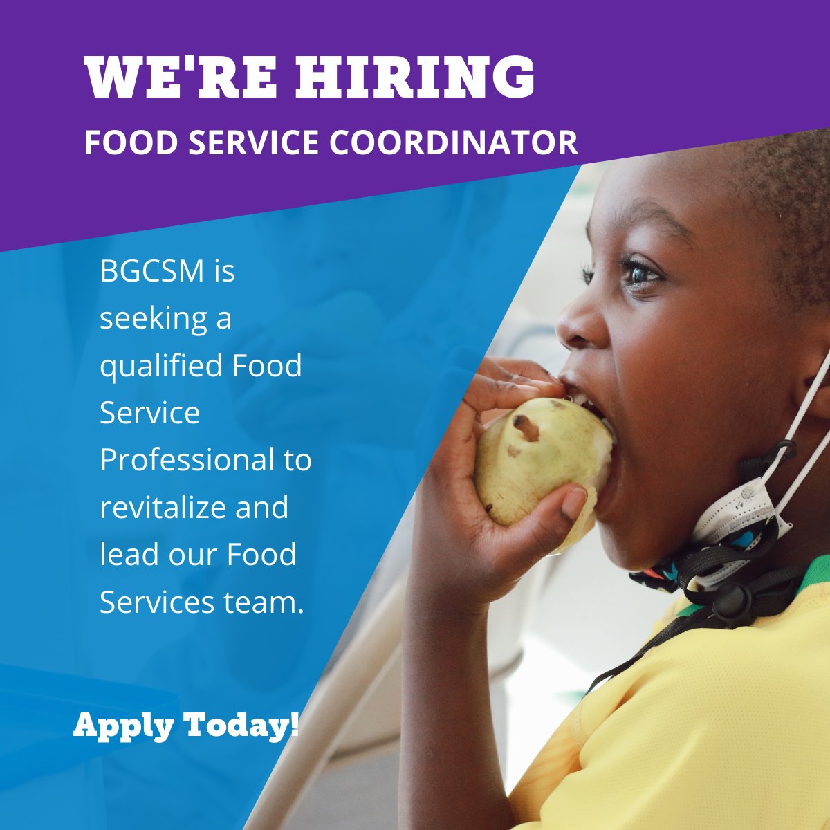 BGCSM is Hiring! Join our amazing team of youth development professionals as a Food Service Coordinator! Apply today: bit.ly/3yTeNDl