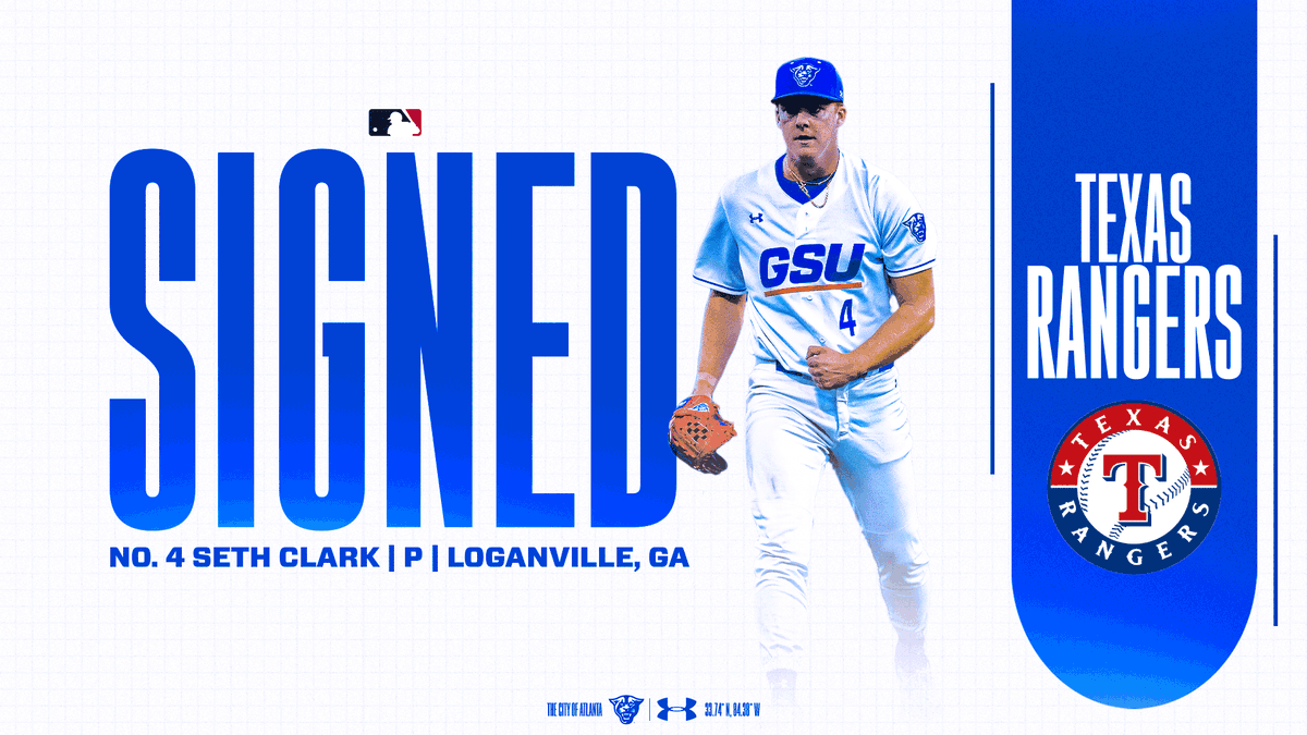 GSU_Base's tweet photo. 𝘼𝙣𝙤𝙩𝙝𝙚𝙧 𝙋𝘼𝙉𝙏𝙃𝙀𝙍 𝙋𝙍𝙊

LHP @seth_clark44 signs with the @Rangers!

#OurCity | #BLB https://t.co/1hyICsGqJC
